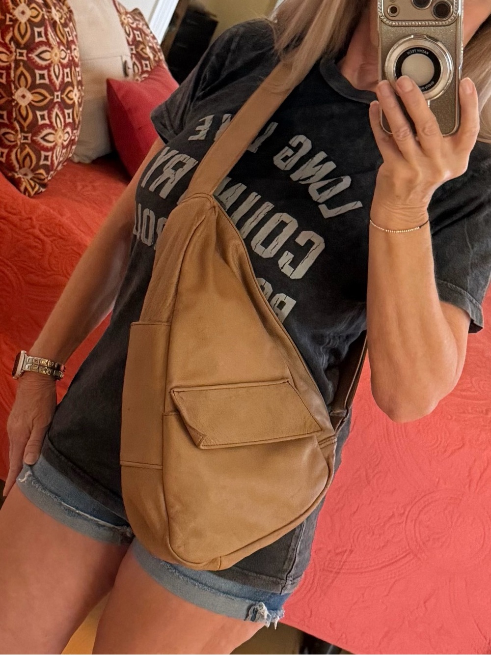 Y2K 90s Tan Leather Sling Crossbody Bag Boho Minimalist Utility Pocket
